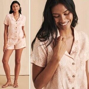 New! Faherty Linen Paradise Cove Peach Palms Buttoned Down Camp Shirt Top